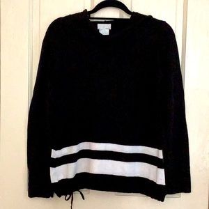Black sweater with white stripes and a hood!